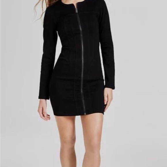 Guess Black Jean Zip Front Long Sleeve Corset Dress Size Large NWT - Picture 1 of 10